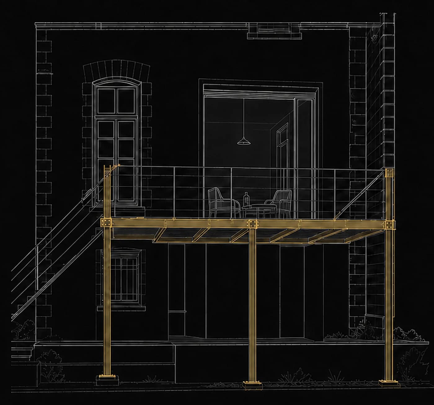 Coupe d'une terrasse suspendue ouverte : ossature acier, platelage, garde-corps et escalier d'accès